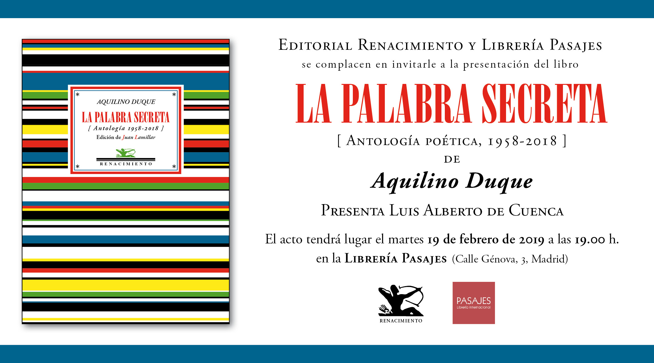PRESENTACIÓN | LA PALABRA SECRETA, de Aquilino Duque, en Pasajes